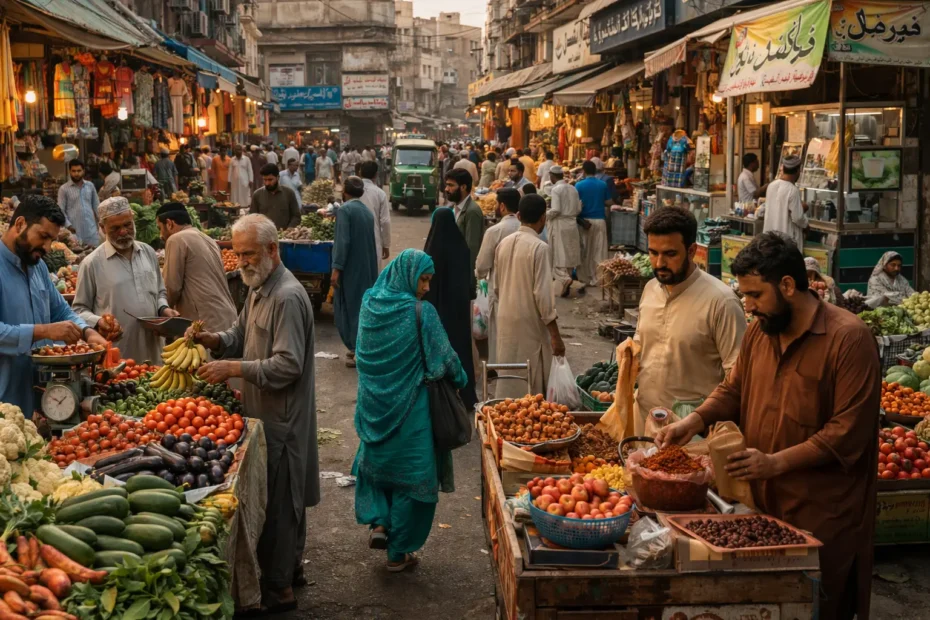 Busy street market in Pakistan
