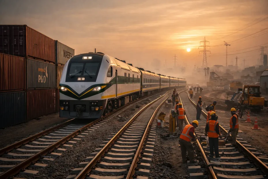 Upgrading tracks at sunrise in Pakistan
