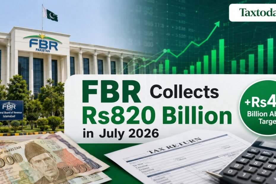 FBR headquarters representing July 2026 revenue collection exceeding the monthly tax target by Rs40 billion.